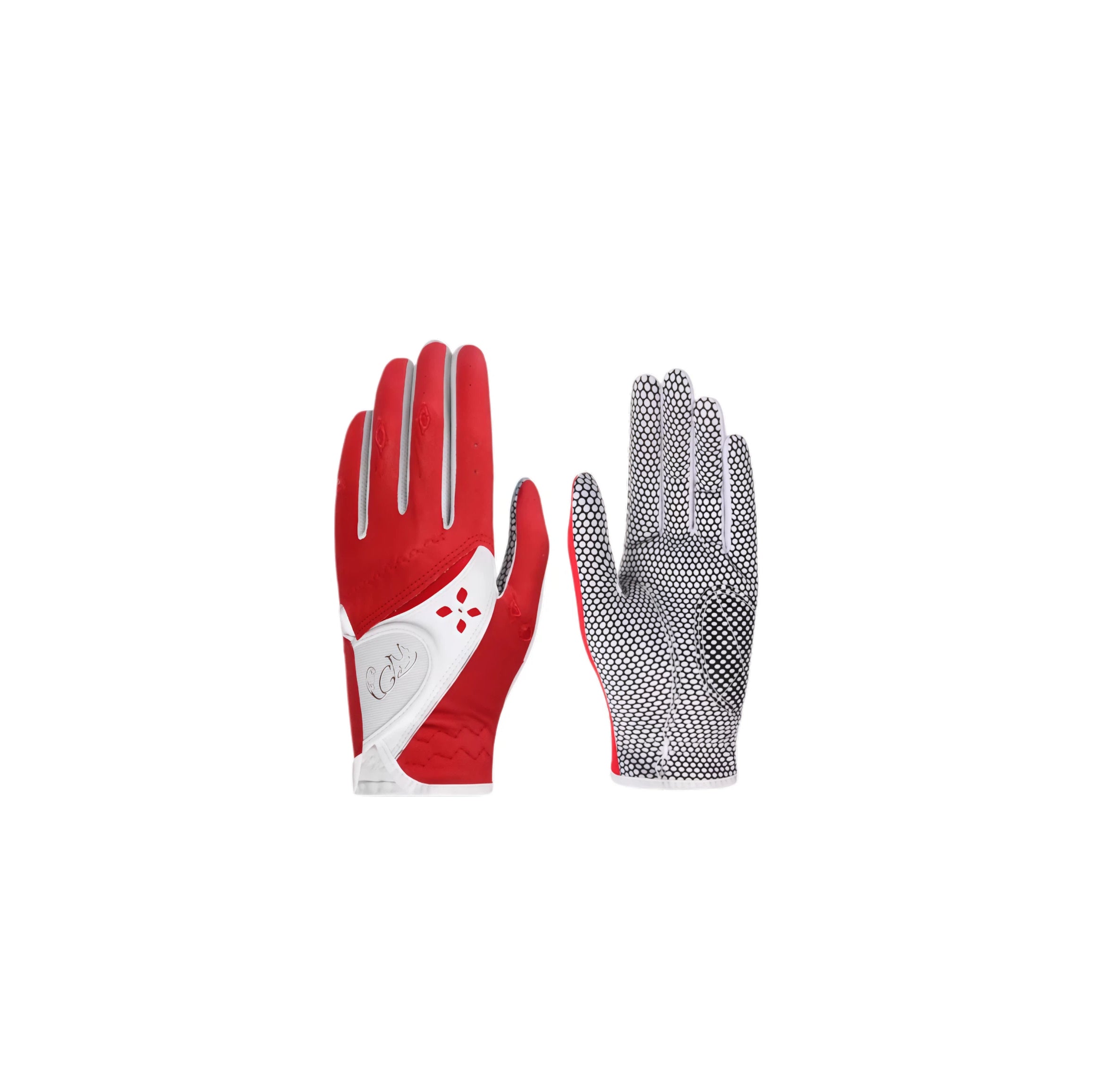 A pair of PGM women's summer golf gloves in red and white. The high-performance design includes a patterned backhand for flexibility and a specialized anti-slip palm for a stable hold on the club.