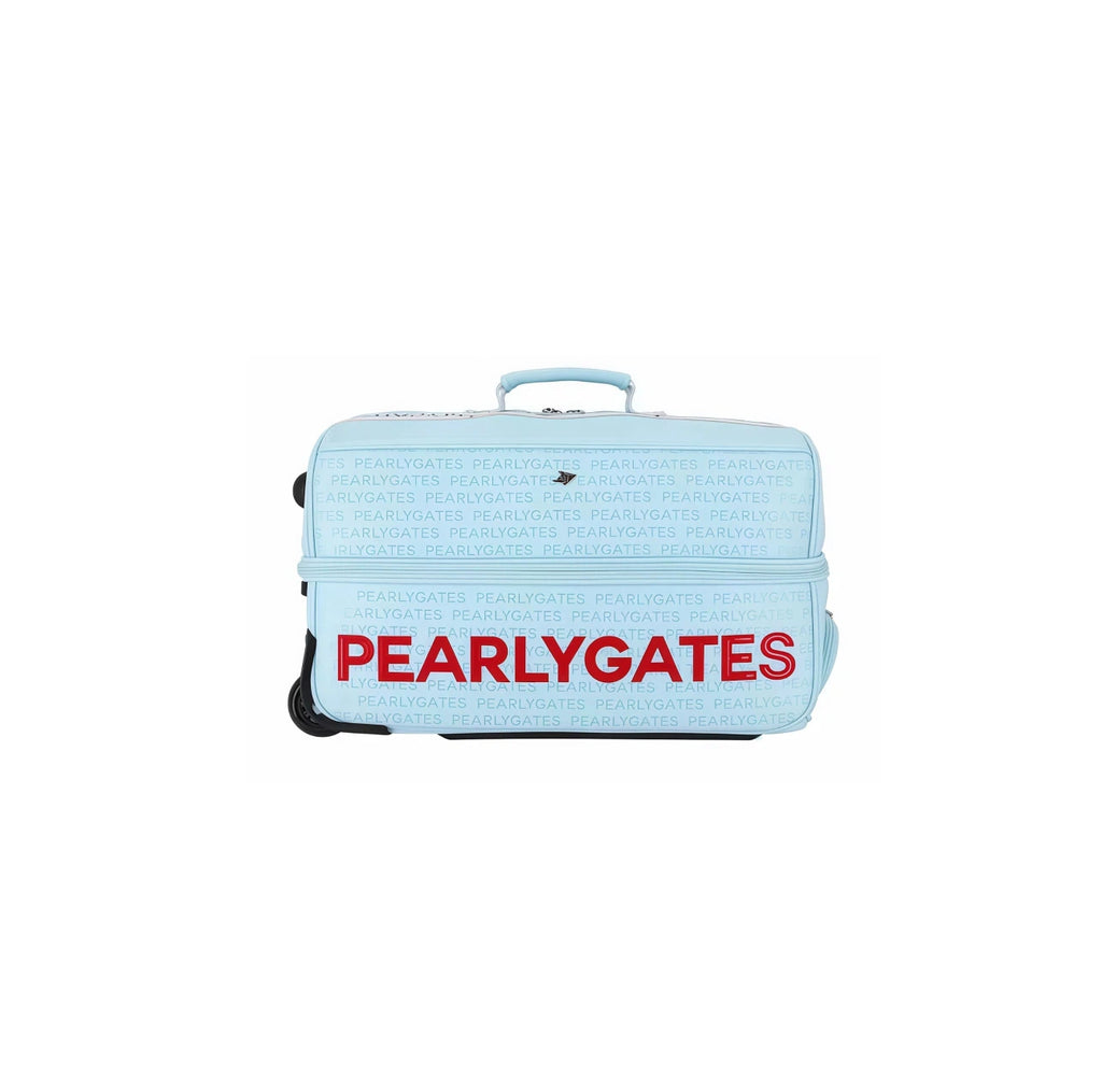Back view of the light blue PG89 golf travel bag, showcasing its double layer structure, trolley handle, and wheels, with "PEARLYGATES" branding repeated across the surface.