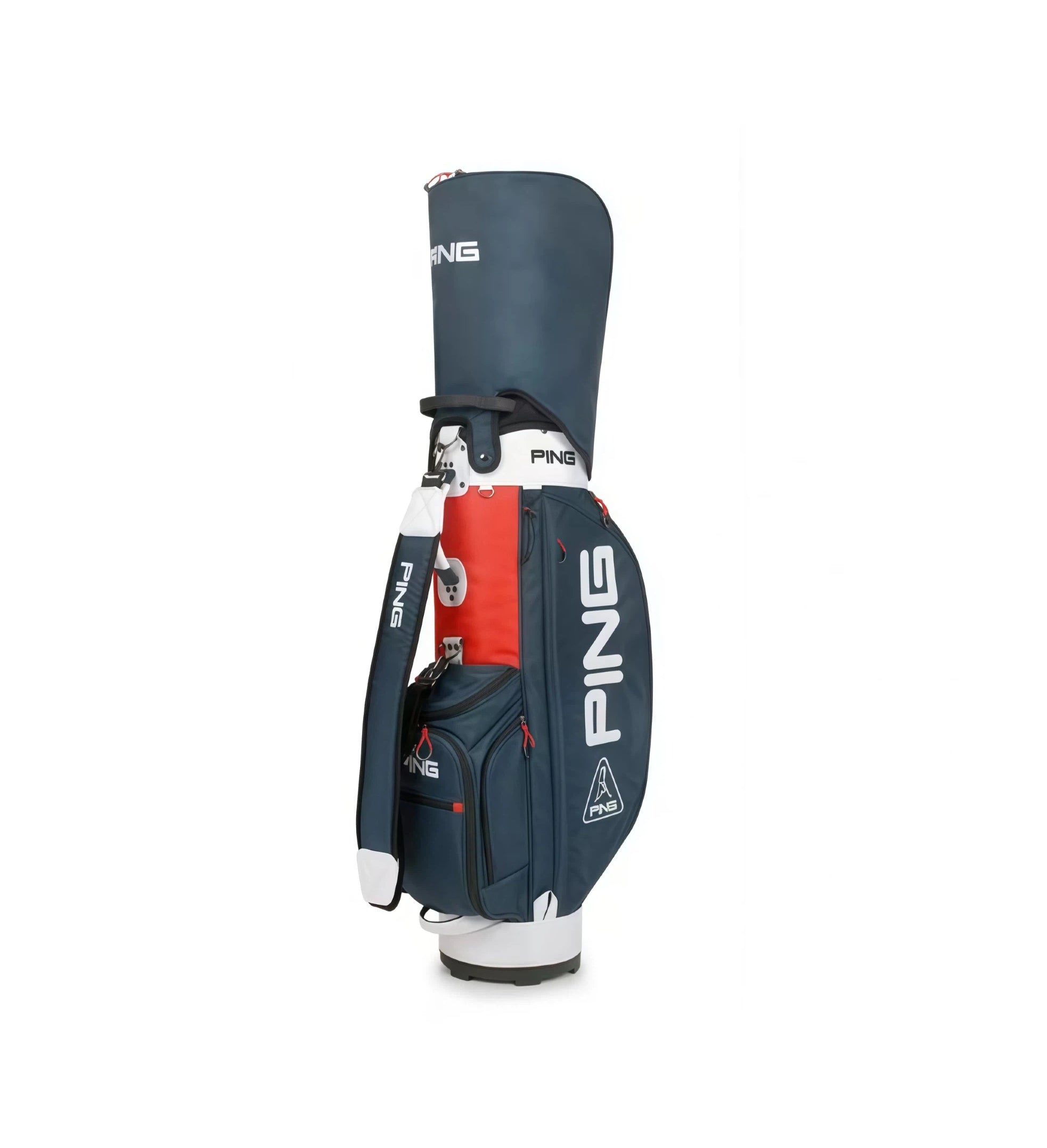 Front view of the PING A-Series Staff Golf Bag featuring bold "PING" lettering, triangular logo, and multi-compartment storage. Designed for durability and style.