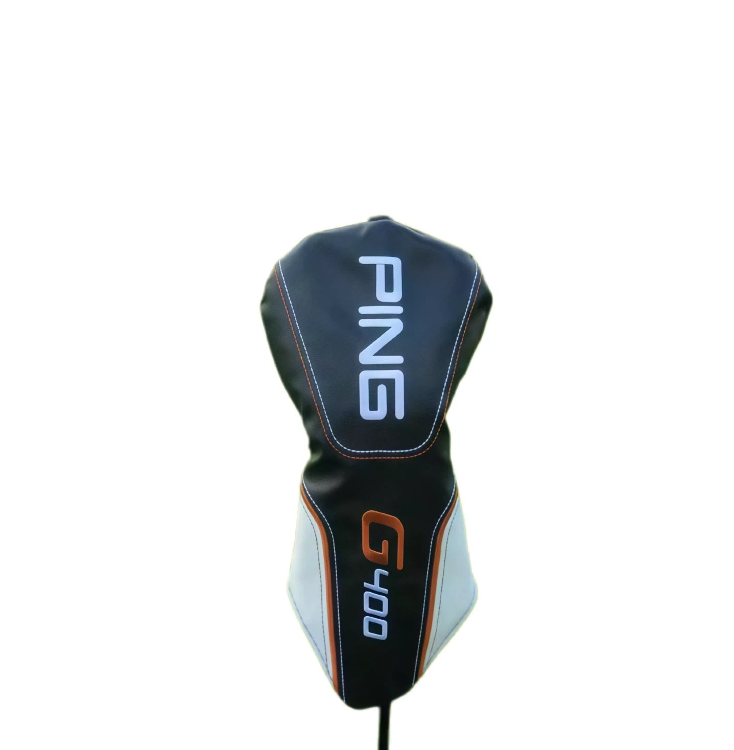 Front view of PING G400 fairway wood headcover featuring G400 logo and black body with orange and white accents, offering stylish protection for golf clubs.