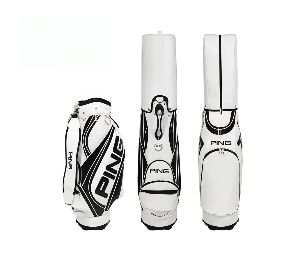 Front, side, and back views of the PING Golf Cart Bag 2025 in white and black. Features bold PING logo, multiple pockets, and durable construction for professional use.
