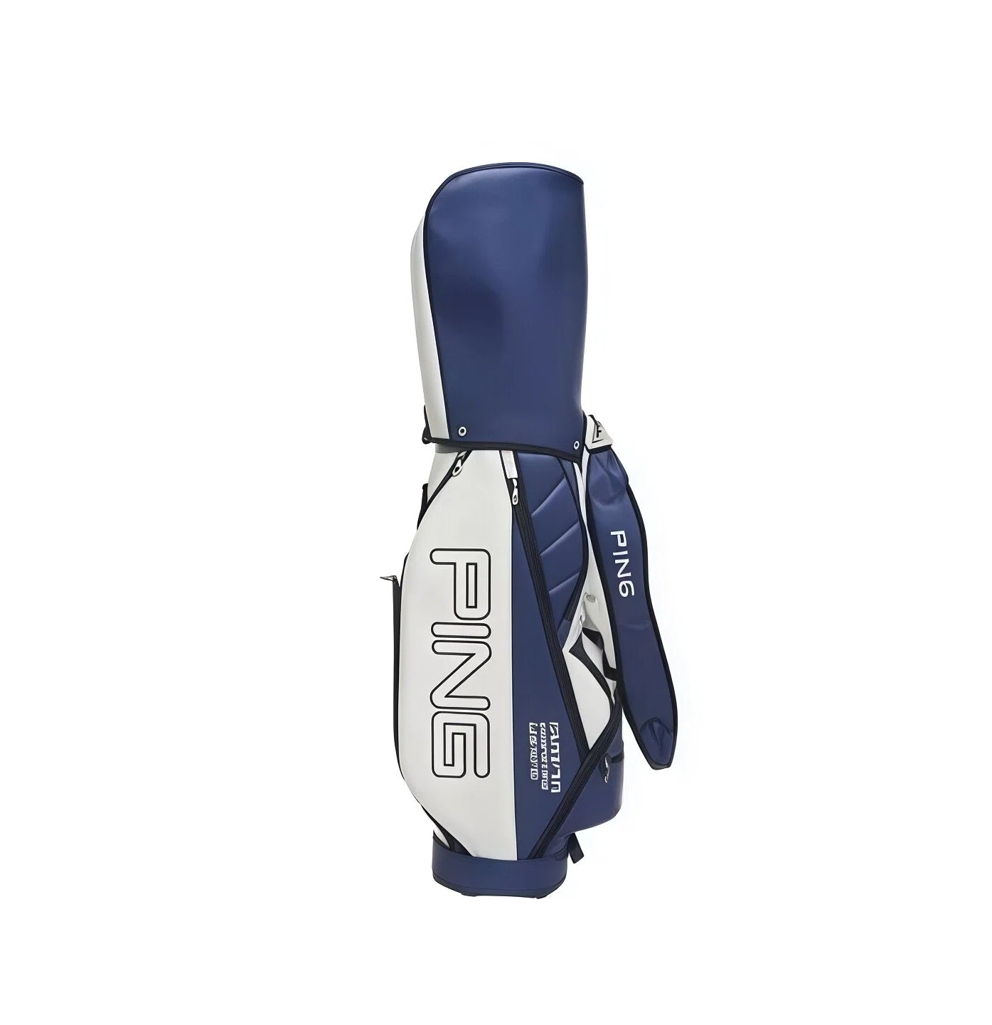 PING golf stand bag in navy blue and white color scheme, with waterproof material, ample storage space, and lightweight structure, ideal for unisex use on the golf course.