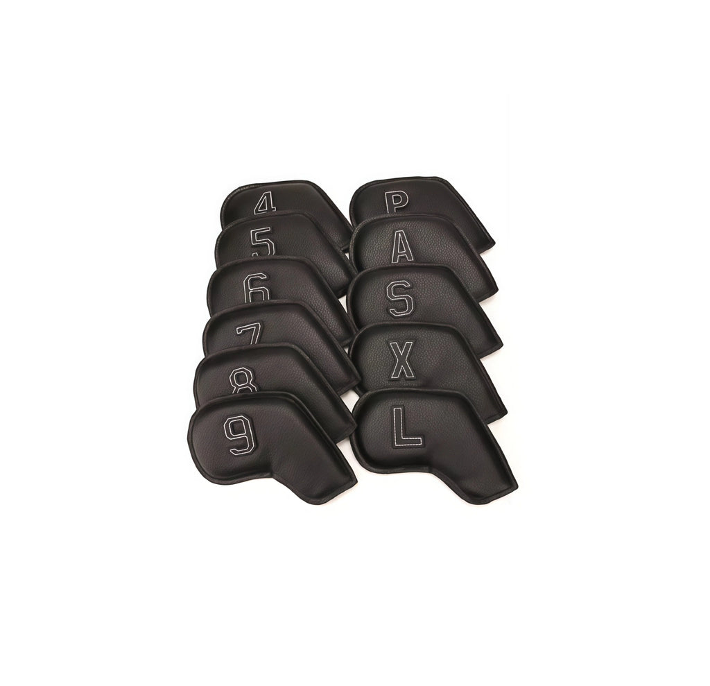 Black textured PU golf iron covers featuring white stitched numbering (4,5,6,7,8,9,P,A,S,X,L) — double-sided design ensures easy club identification; oil-sealed edges prevent fraying and enhance longevity