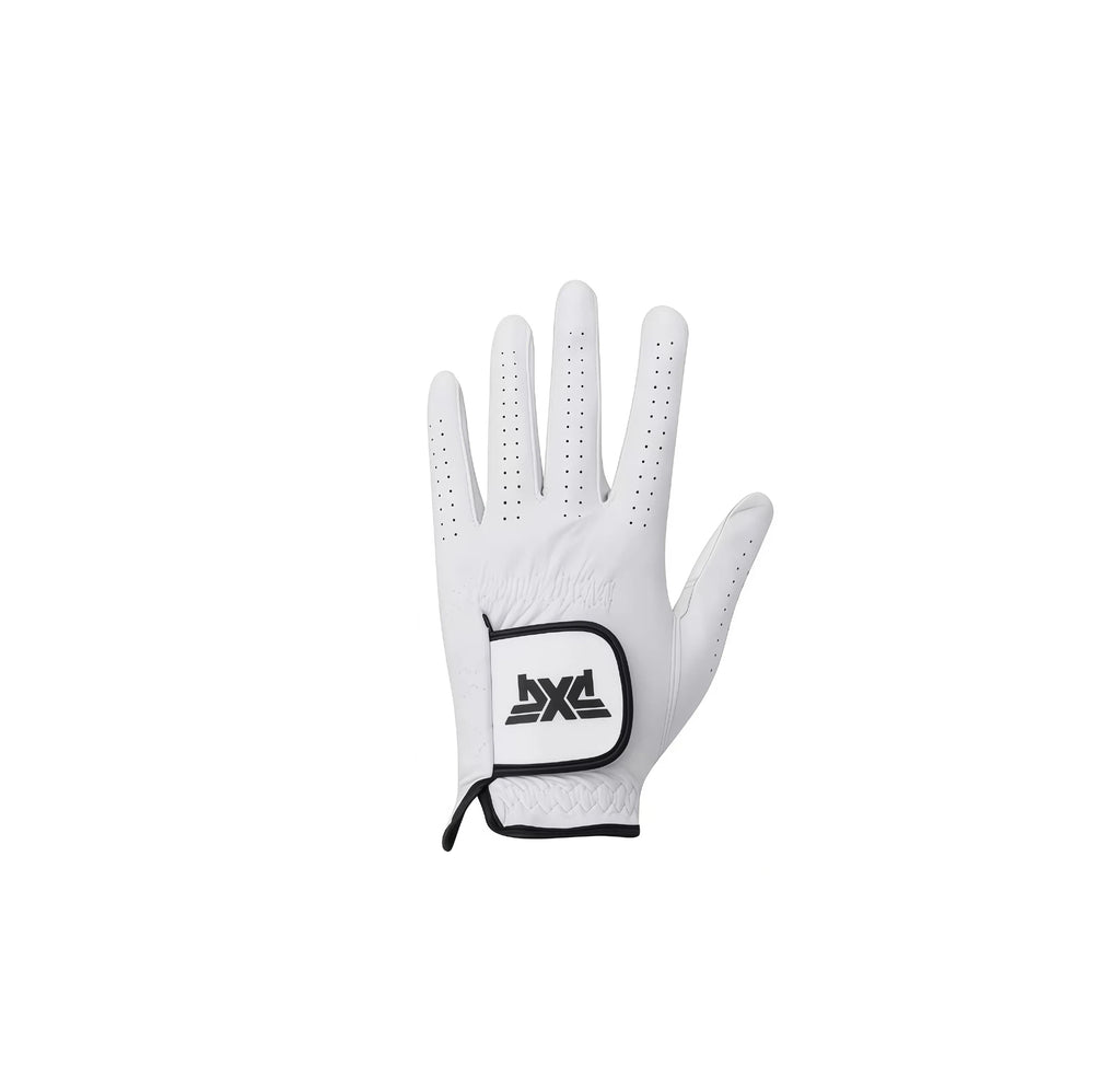 Back view of the PXG Tour golf glove featuring the signature black PXG logo, breathable perforations on the fingers, and a sleek white design for optimal comfort.