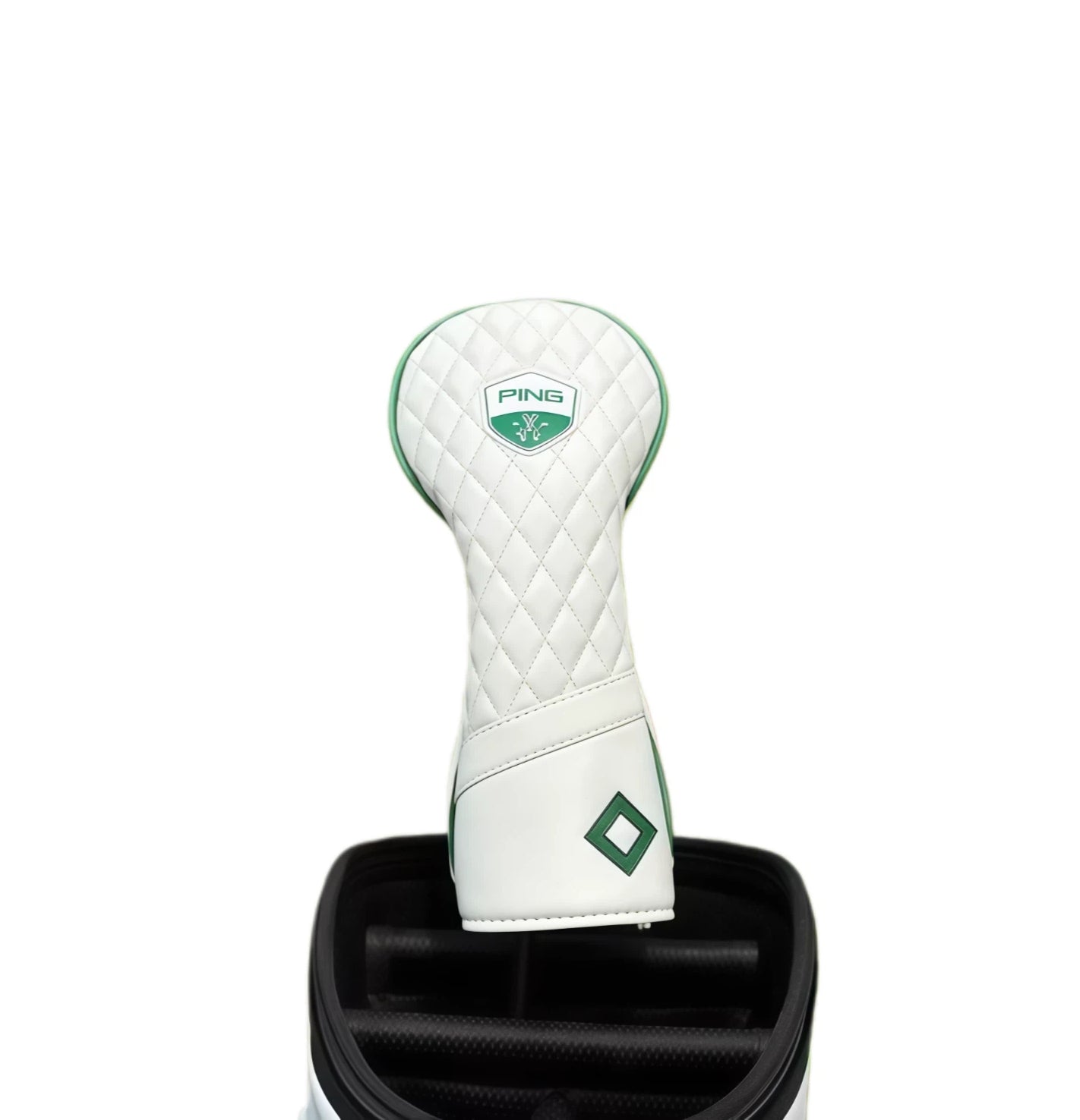 Back view of Ping Masters golf driver headcover showing green diamond logo and white quilted design, compatible with standard driver clubs.