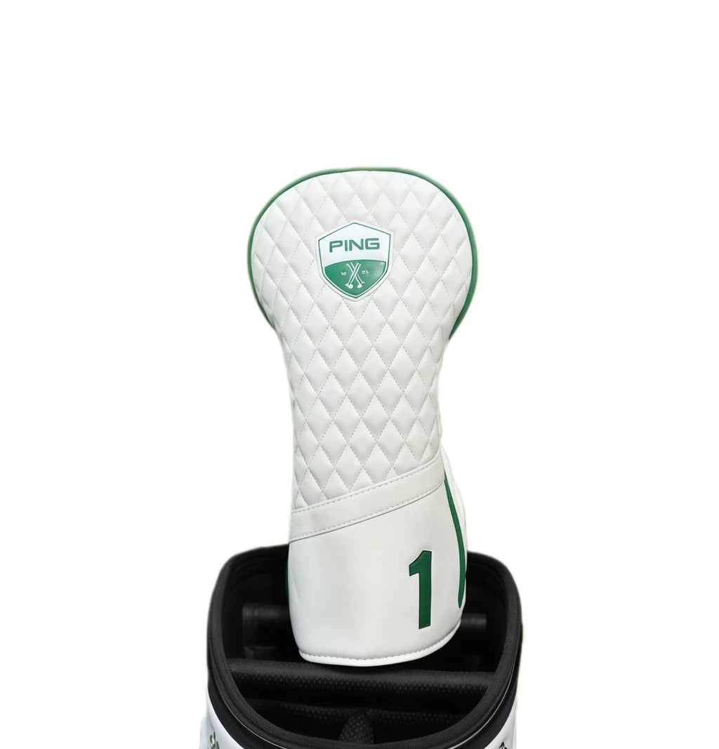 Ping Masters golf driver headcover featuring white quilted design with green trim and number 1, offering durable protection for golf clubs.