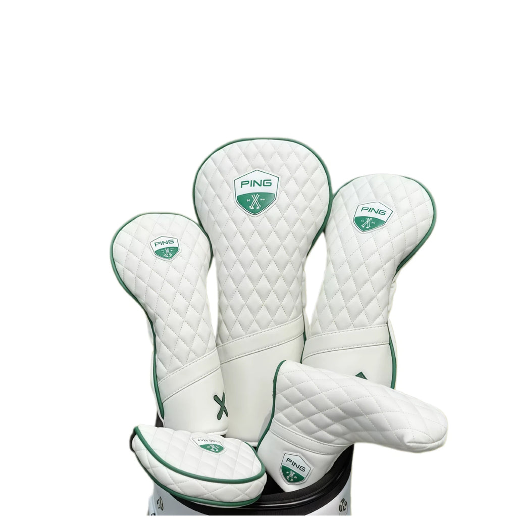 Ping Masters golf headcover set featuring driver, fairway woods, and putter covers with white quilted design and green trim, offering comprehensive protection for golf clubs.