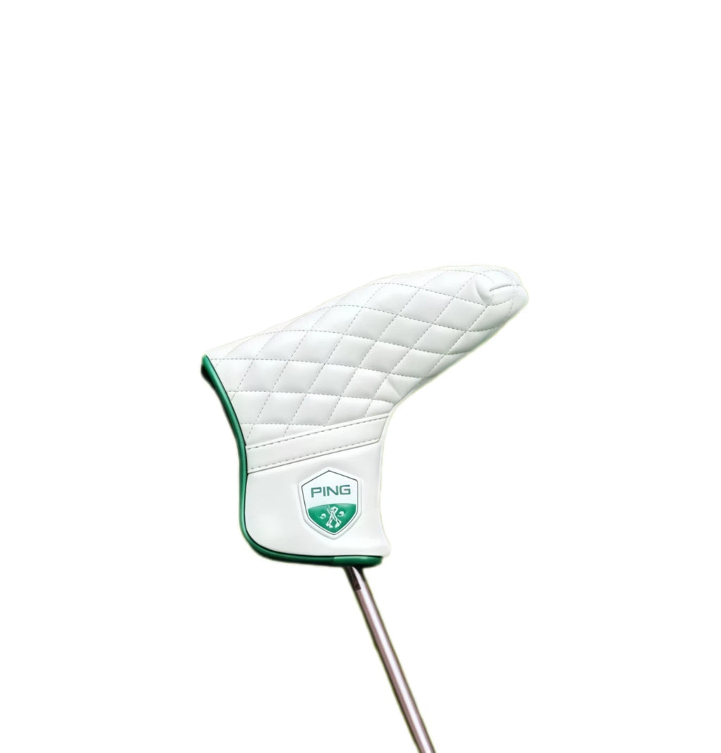 Side view of Ping Masters golf putter headcover showcasing quilted texture and green shield logo, providing stylish protection for golf putters.