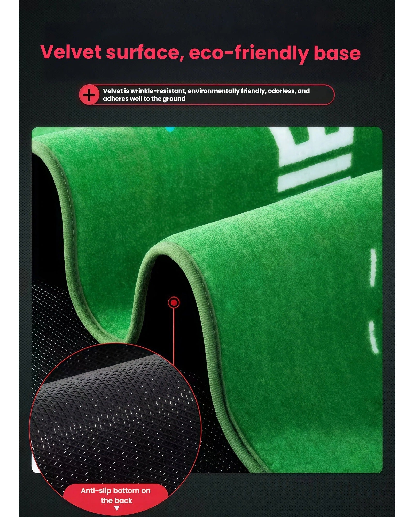 Crystal velvet putting surface and anti-slip rubber backing of the PGM golf practice mat