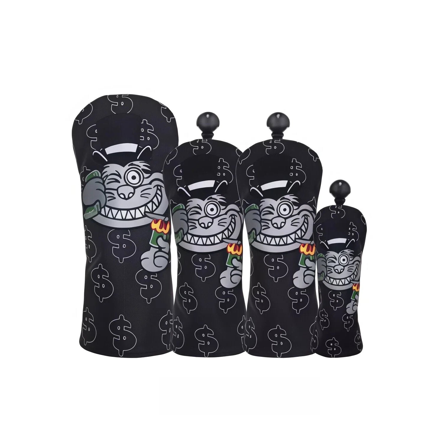 Premium embroidered Fat Cat golf headcovers set featuring driver, fairway, irons, and putter covers with cartoon cat holding money and dollar sign pattern, durable and stylish protection for golf clubs.