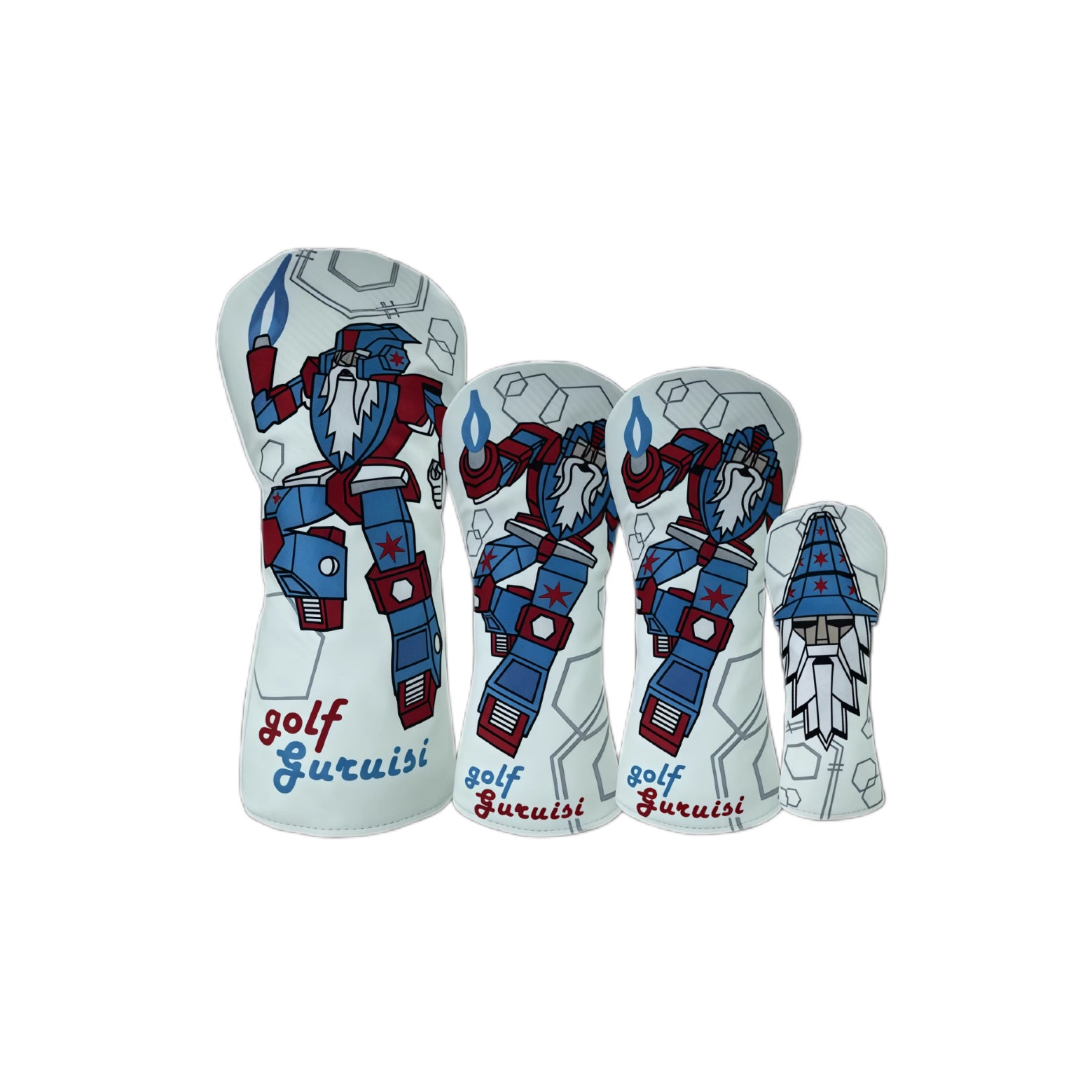 White Premium Robot Wizard golf headcovers set featuring robot wizard with blue and red accents, white beard and “golf Guruisi” text, compatible with driver, fairway, hybrid and putter for unique, durable protection.