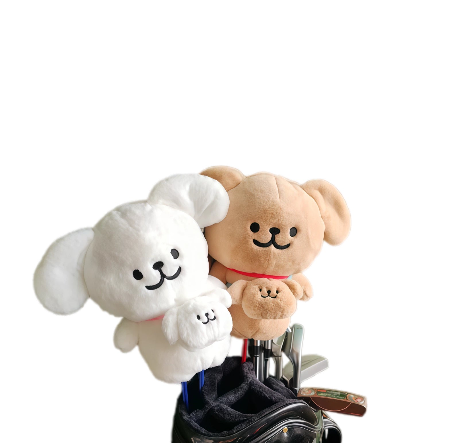 Two plush dog toys, one white and one brown, attached to a suitcase handle on a white background.