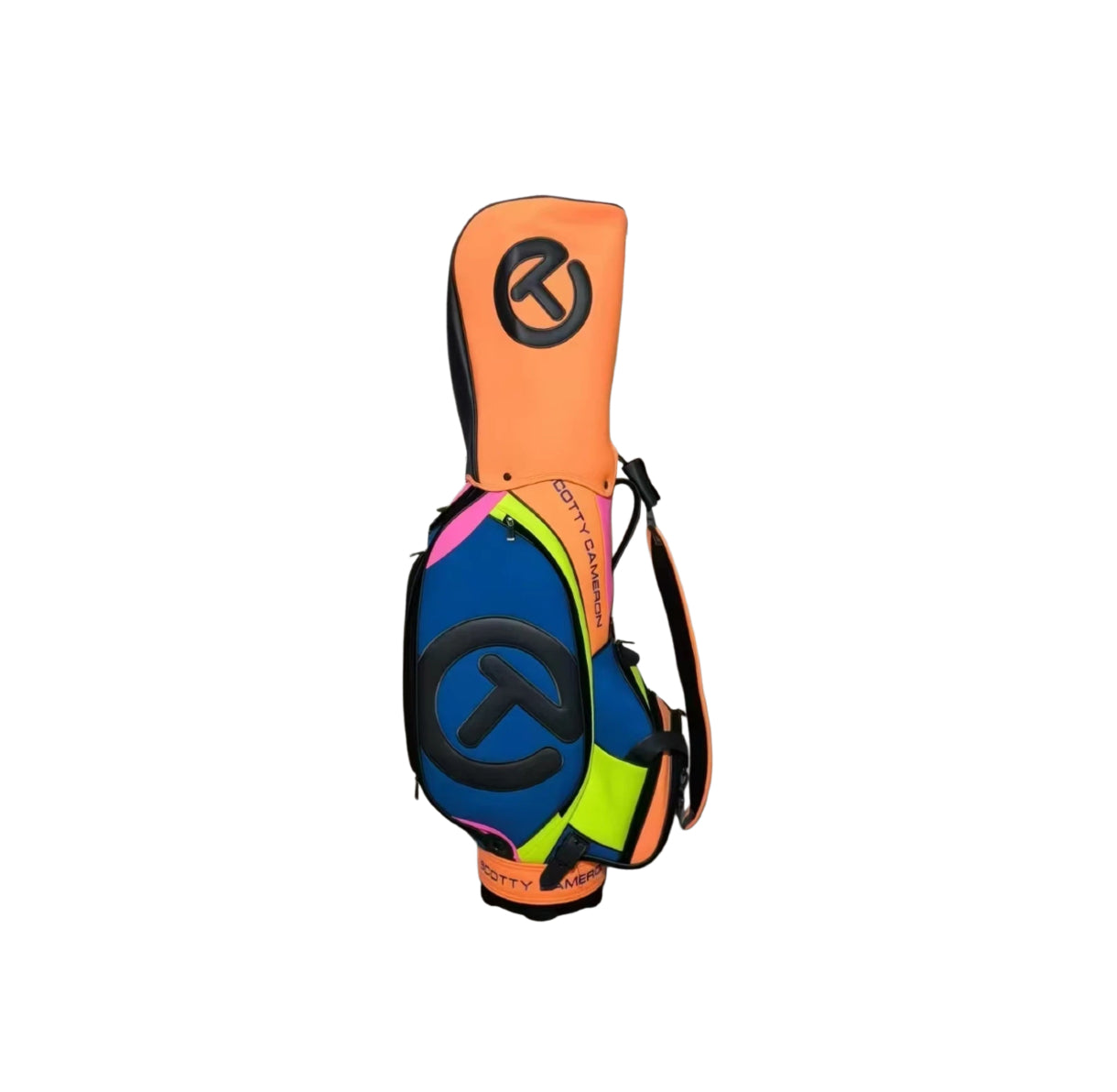  Front view of the Scotty Cameron 2023 Tour Bag featuring a vibrant orange panel with the text "SCOTTY CAMERON FOR TOUR USE ONLY" and a large black Circle T logo. The bag also displays the Titleist brand name in script.