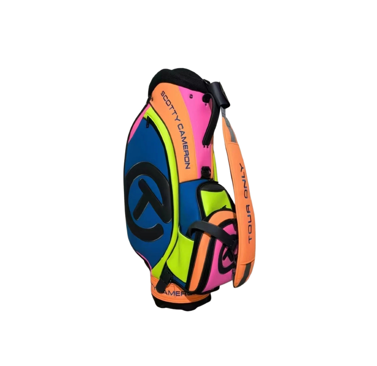 Close-up of the Scotty Cameron 2023 Tour Bag's orange shoulder strap, which features the text "TOUR ONLY" in black lettering.
