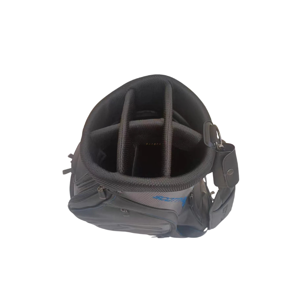 Top-down view of the Scotty Cameron Backin Black Staff Bag showing the internal divider system, premium black fabric lining, and sturdy handle construction.