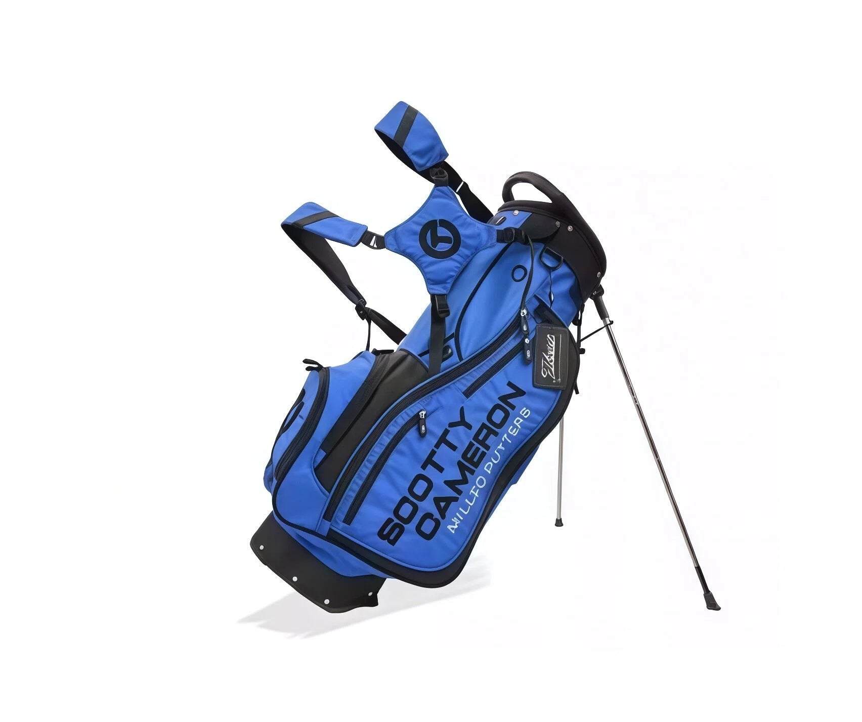 Blue Scotty Cameron stand bag with black trim and clean "SCOTTY CAMERON MILLED PUTTERS" text, featuring padded straps and durable fabric – perfect for serious golfers.