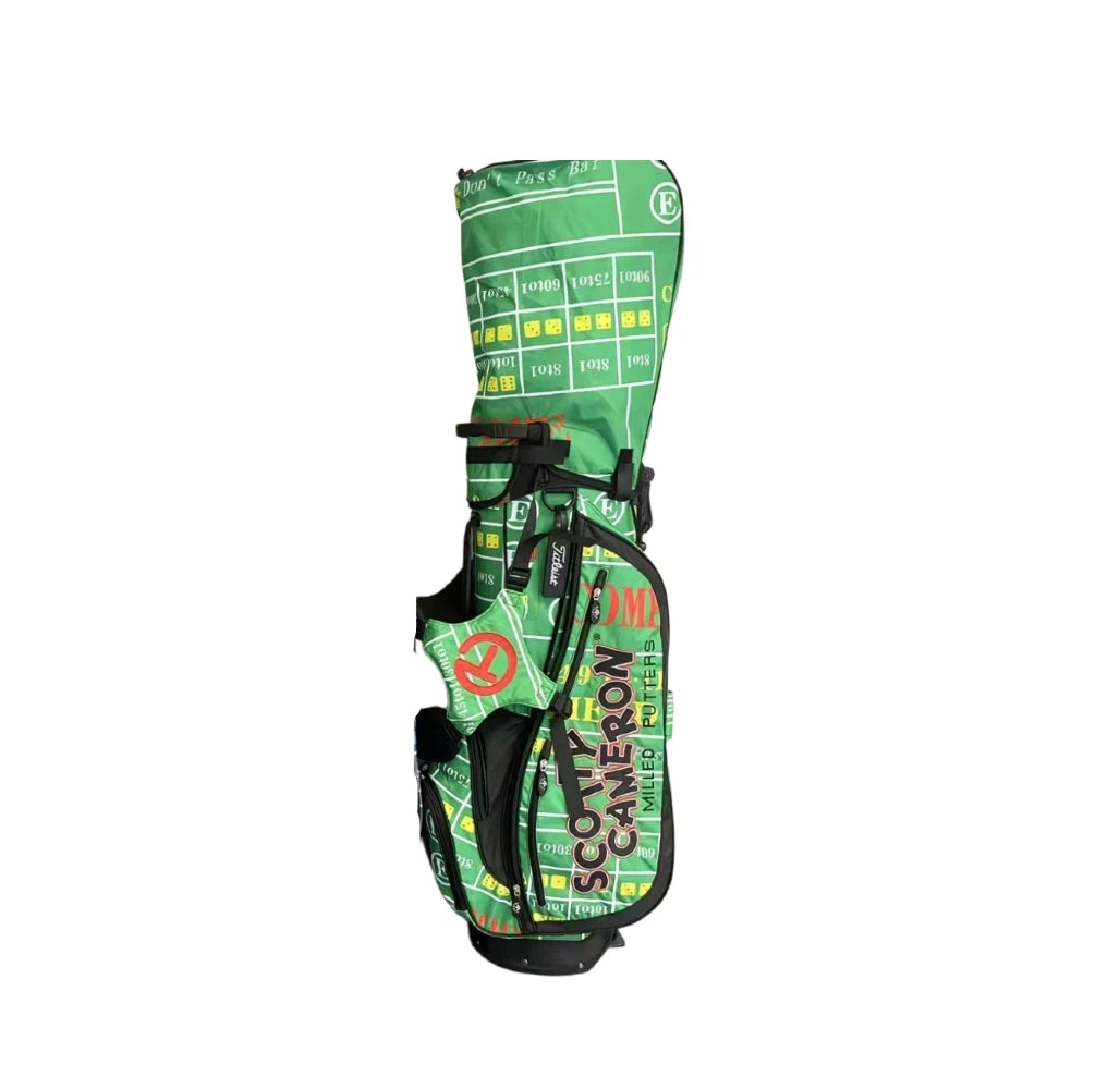 Front profile of the Scotty Cameron Gambler Carry Bag in Green, highlighting the "Don't Pass Bar" text, dice graphics, and full-length zipper design with black trim accents.