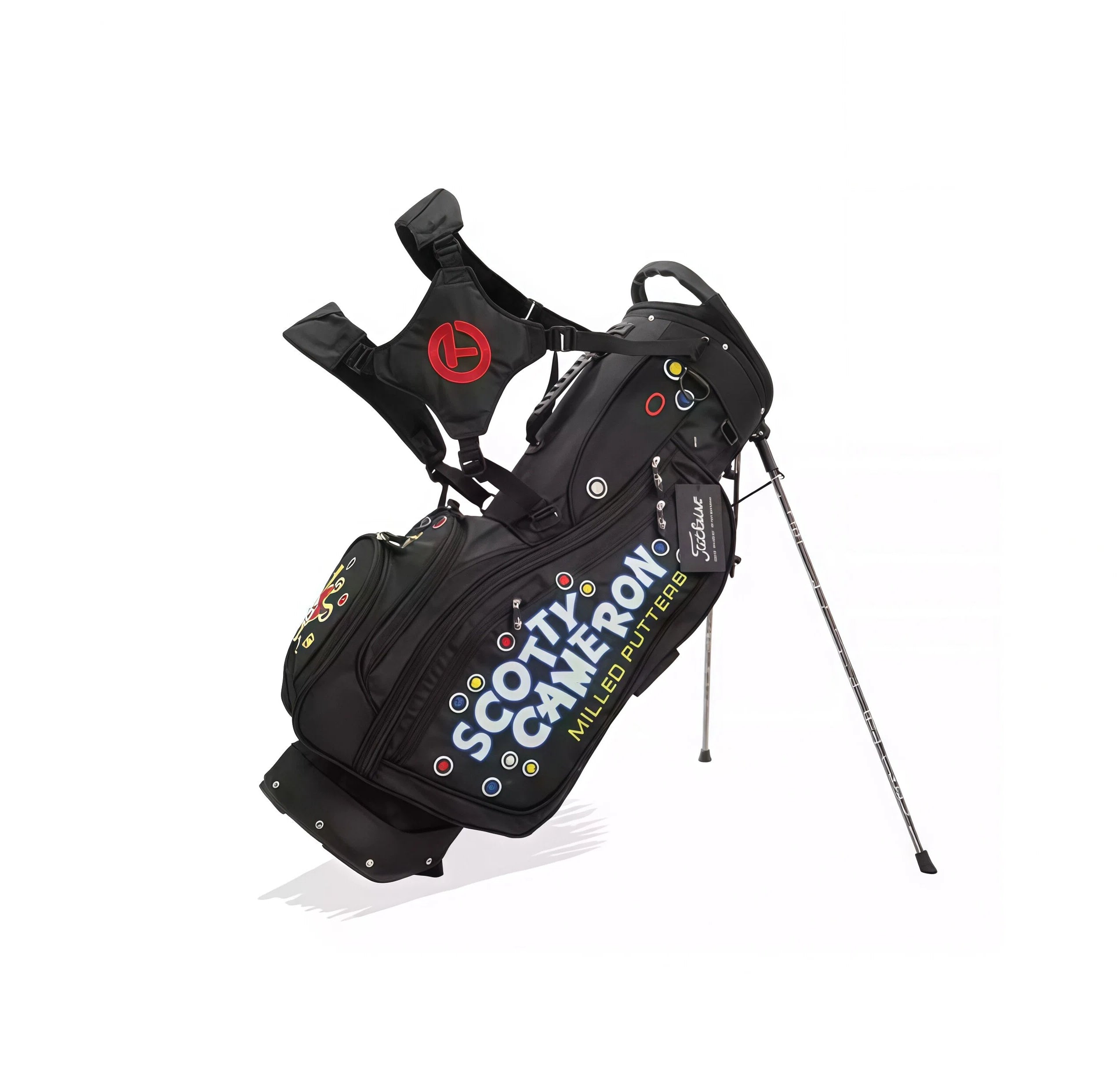 Black Scotty Cameron golf stand bag featuring bold "SCOTTY CAMERON MILLED PUTTERS" branding, colorful dot accents, dual straps, and built-in stand legs – ideal for professional golfers seeking style and function.
