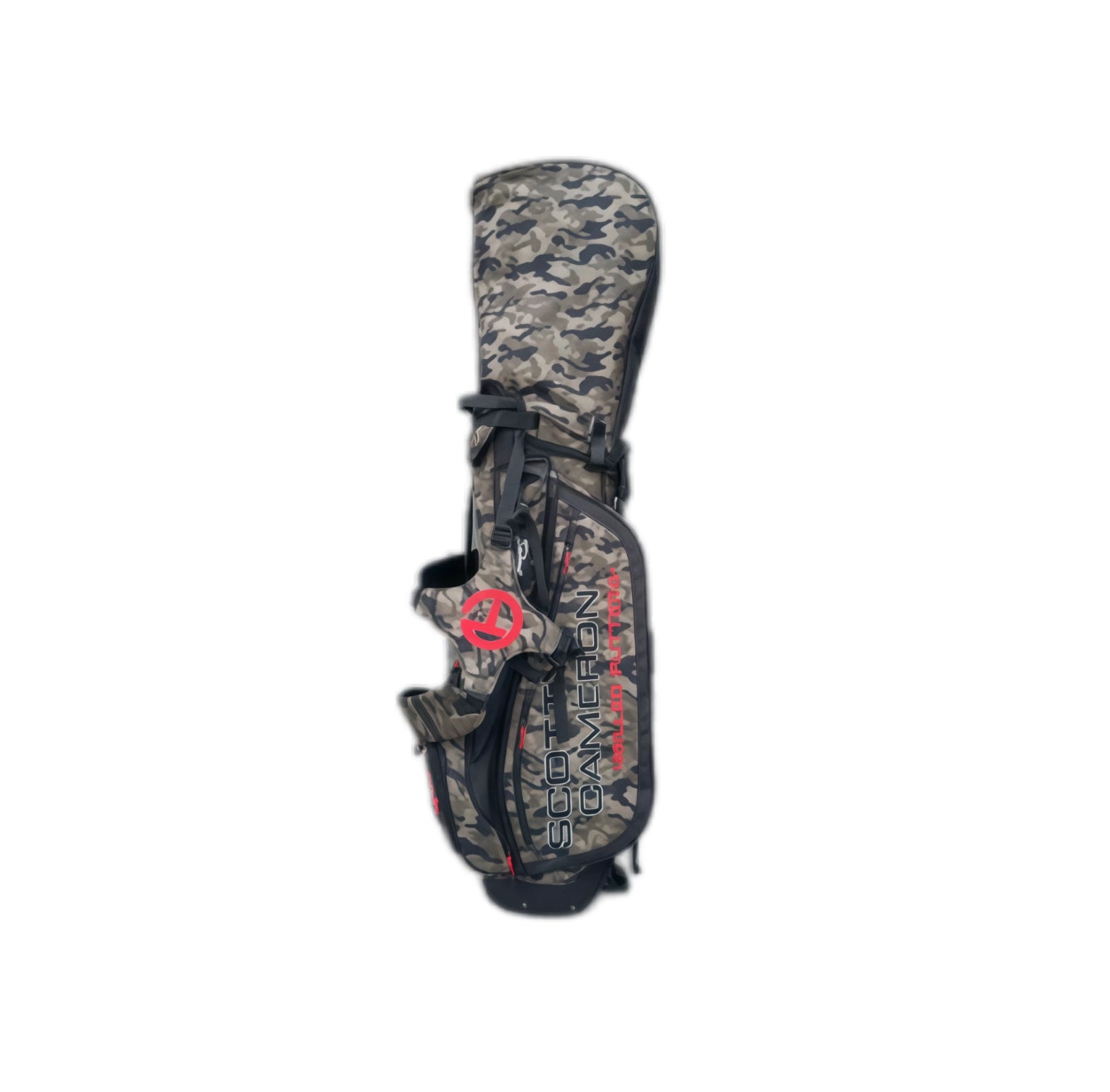 Full vertical view of the Scotty Cameron Junior Camo-Red Stand Bag, showing the complete camouflage pattern, red Circle T emblem, and integrated stand system against a clean white backdrop.