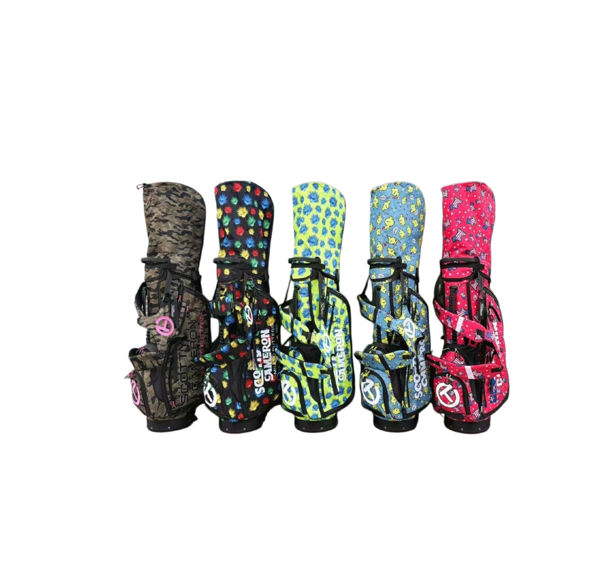 An angled group shot of the Scotty Cameron Junior Stand Bag series. The image highlights the variety of designs available, ranging from tactical camouflage to playful, colorful graphics.