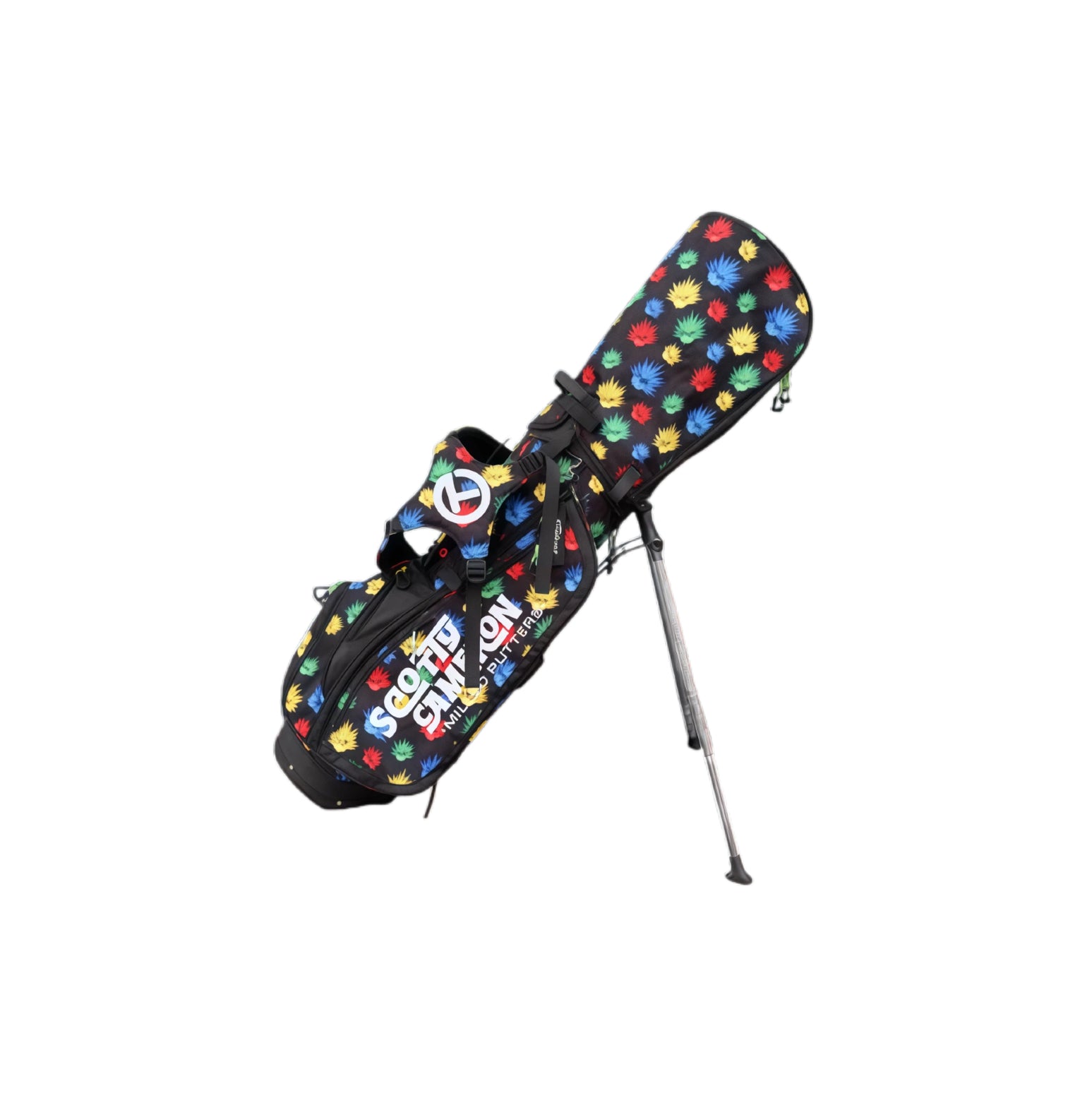 A side-angle view of the Scotty Cameron Pathfinder Agave Man stand bag. It features a black base with a vibrant, multi-colored agave plant pattern in red, blue, yellow, and green, with the "SCOTTY CAMERON" logo on the side pocket.