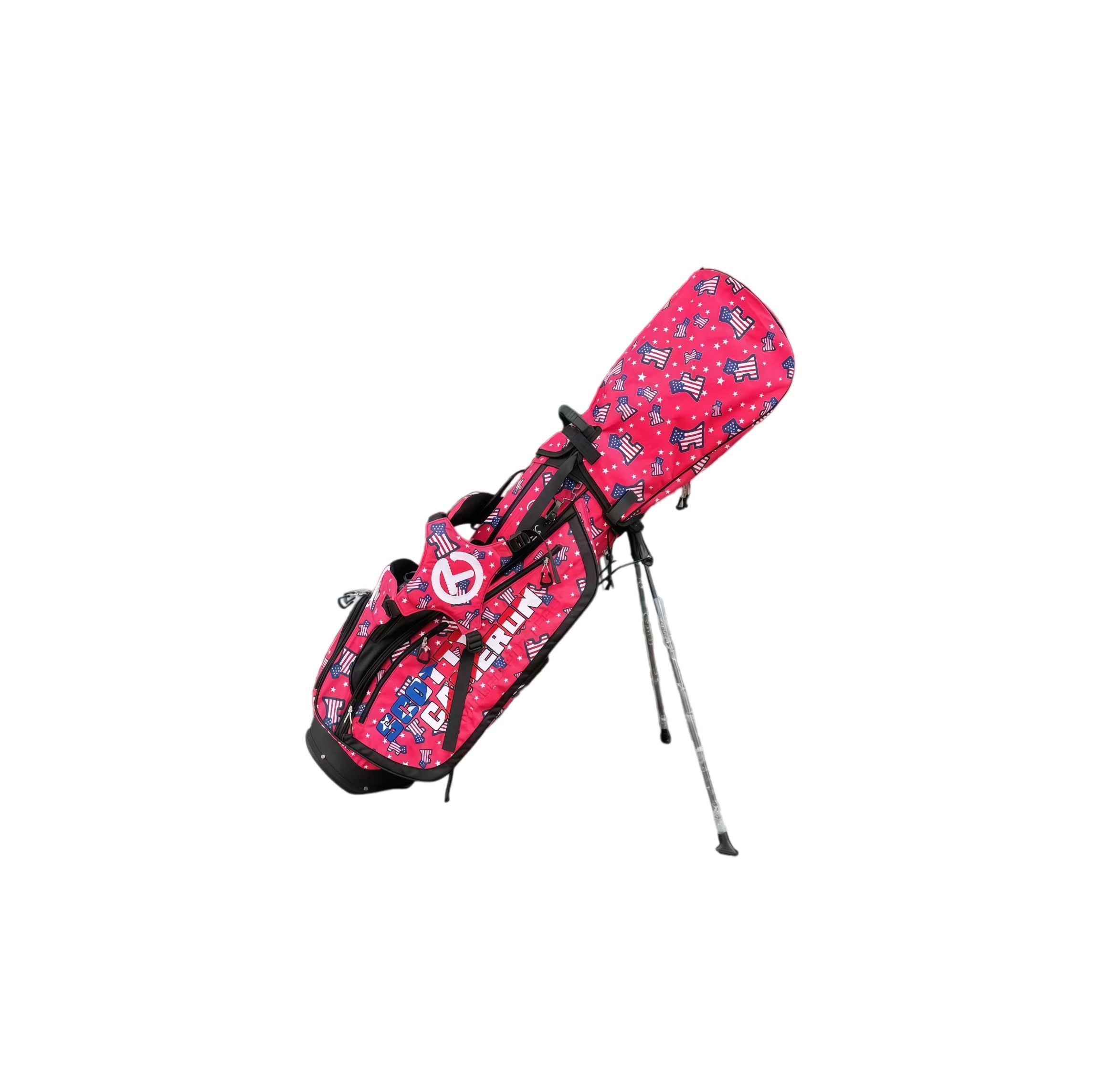 A Scotty Cameron Pathfinder Hometeam Stand Bag in a vibrant pink color. It features a patriotic pattern of American flags and stars, the "Circle T" logo, and is shown on its stand against a white background.