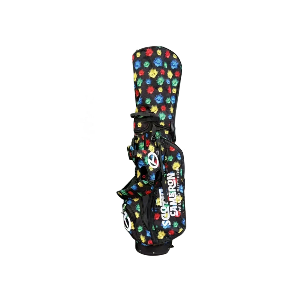 A vertical product shot of the Scotty Cameron Pathfinder Agave Man stand bag, providing a clear view of its full length and the colorful agave pattern against a black background.