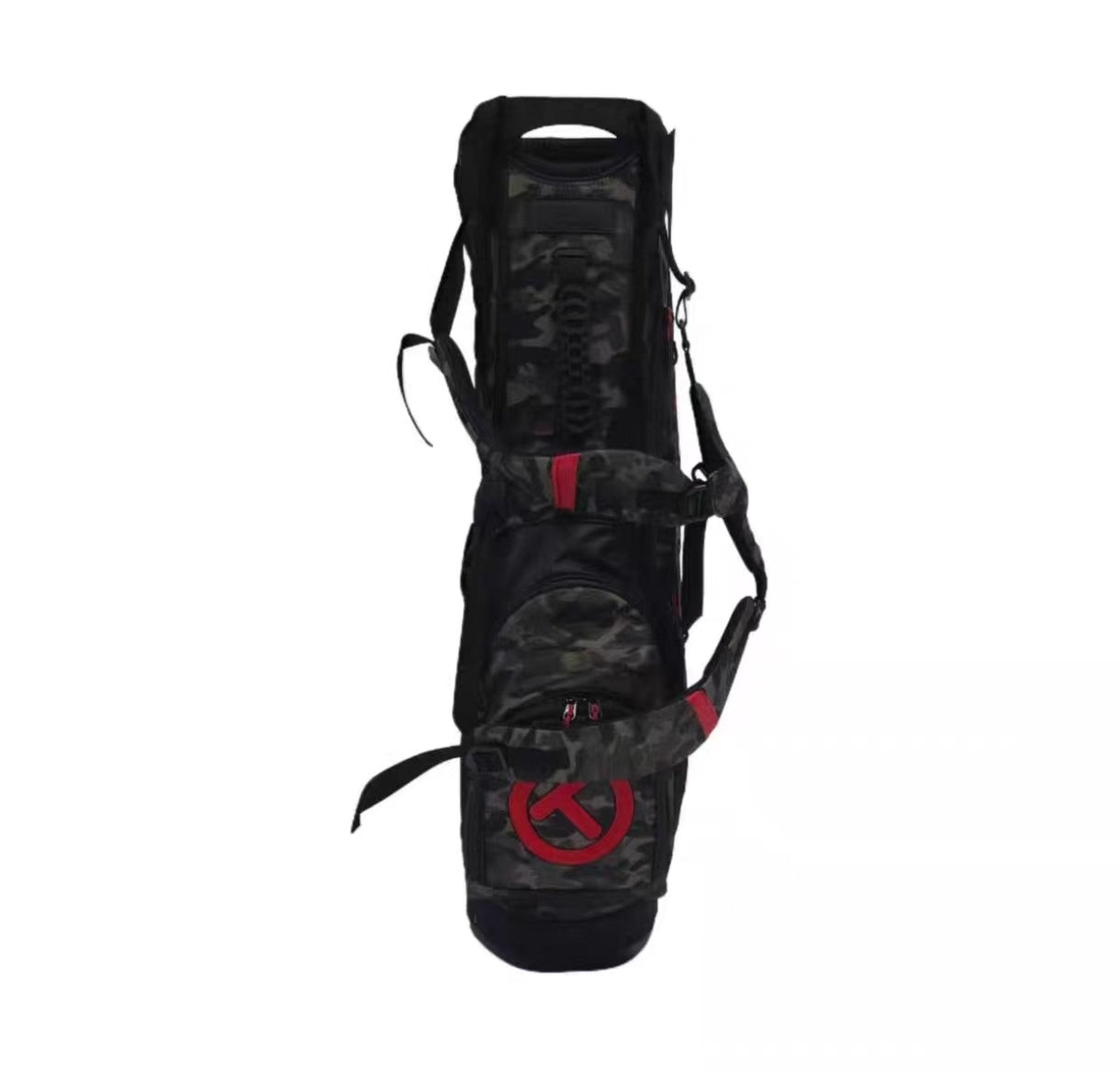 Back view of the Scotty Cameron Pathfinder Camo/Red Stand Bag, highlighting the dual-strap carrying system, the black mesh back panel for comfort, and the red Circle T logo on the lower pocket.