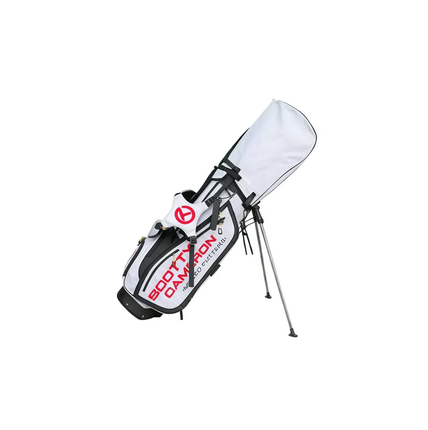 An angled view of the Scotty Cameron Pathfinder SC Geo stand bag, featuring a white body with a black geometric maze pattern. The bag is displayed with its stand legs deployed on a clean white background.