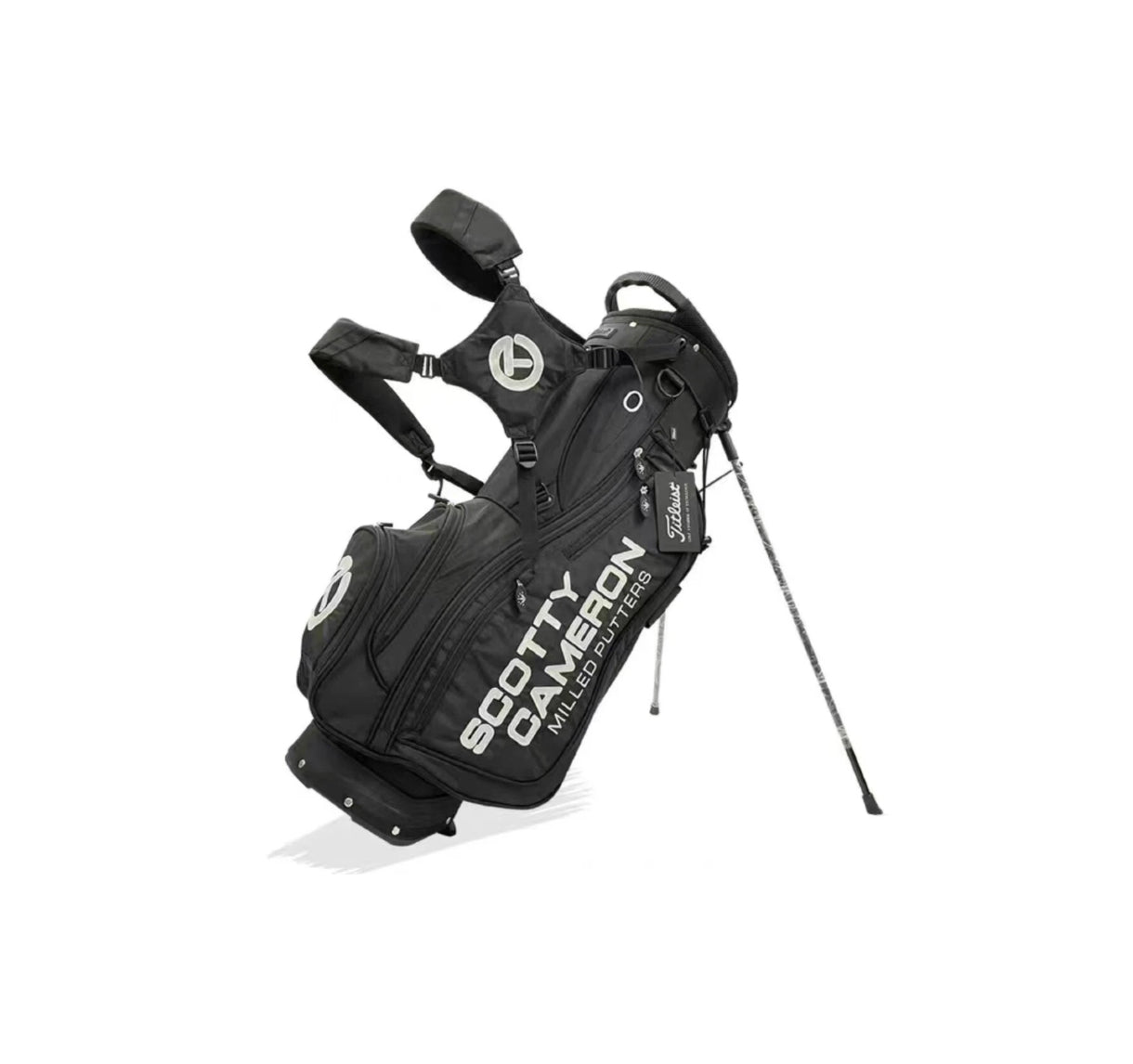 
Black Scotty Cameron Scotty Dog Stand Bag featuring the iconic Circle T logo on the dual straps, "SCOTTY CAMERON MILLED PUTTERS" branding in white, and a sturdy stand leg system for easy transport on the course.