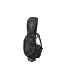 Full side view of the Scotty Cameron Supercar Staff Bag, displaying the complete 'NOV' graphic from the hood to the base, light blue accents on the handle and base, and the sleek black design.