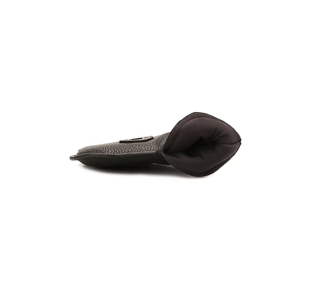 Angled side view of black PU iron headcover revealing plush interior padding, contoured fit for iron heads, and reinforced oil-edge stitching — ensures snug secure fit without slipping during play or travel