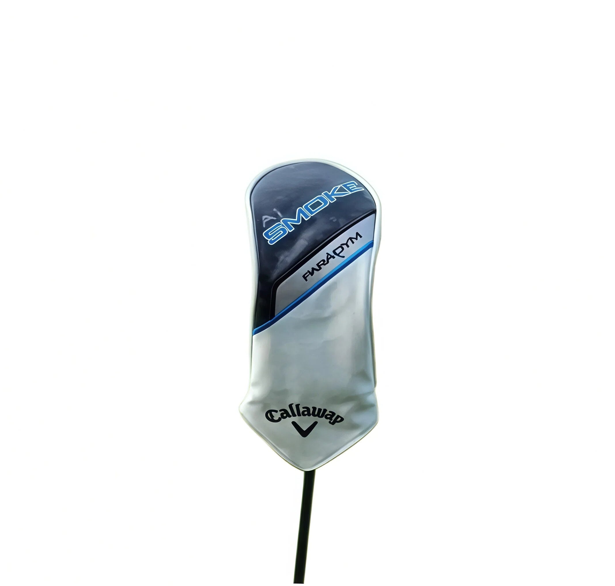Front-facing studio shot of Callaway Smoke AI wood headcover — features gradient smoke-gray top panel, bold “SMOKE AI” lettering, blue accent stripe, and classic “Callaway” chevron logo at base; designed for modern driver or 3-wood protection