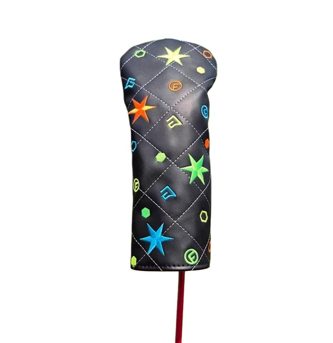Six-Star Mage golf driver headcover featuring black base with colorful star pattern and diamond stitching, designed for durable protection and stylish look.