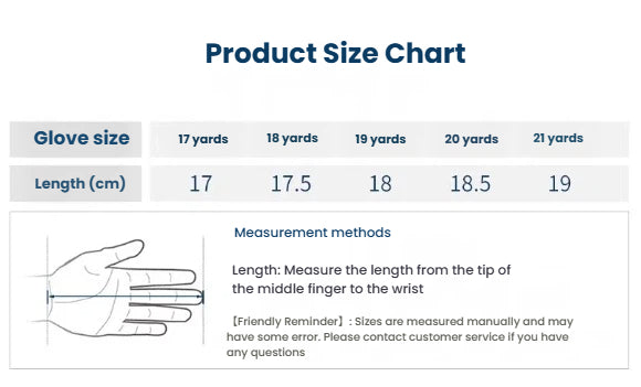  Product size chart for PGA women's golf gloves, displaying measurements in centimeters for sizes 17 to 21 yards, with a diagram illustrating how to measure hand length from the middle finger tip to the wrist for the perfect fit.