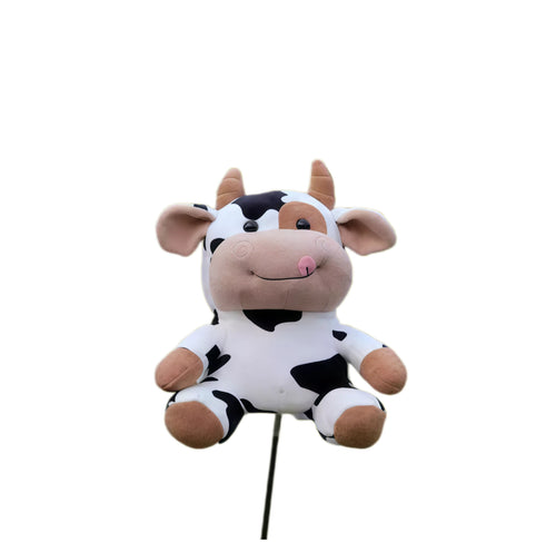 Smiling cow plush golf driver headcover with a cheerful expression, soft brown hooves, and black-and-white pattern, designed to add charm to your golf bag while safeguarding your driver from damage.