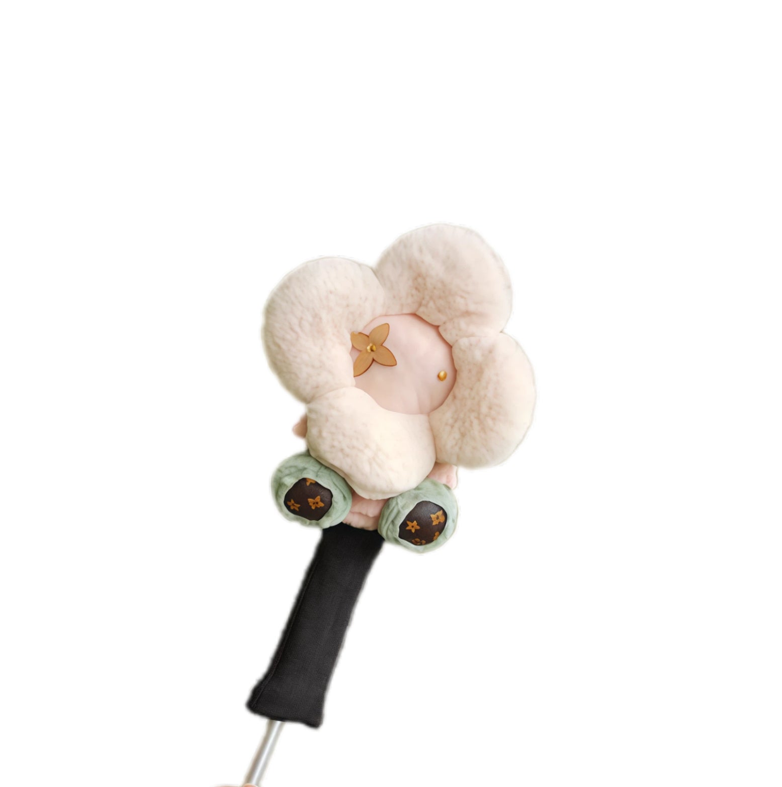 Side angle of a fluffy sunflower golf headcover on a driver shaft, showing its snug fit around the grip and full-length coverage with soft fabric and detailed stitching.