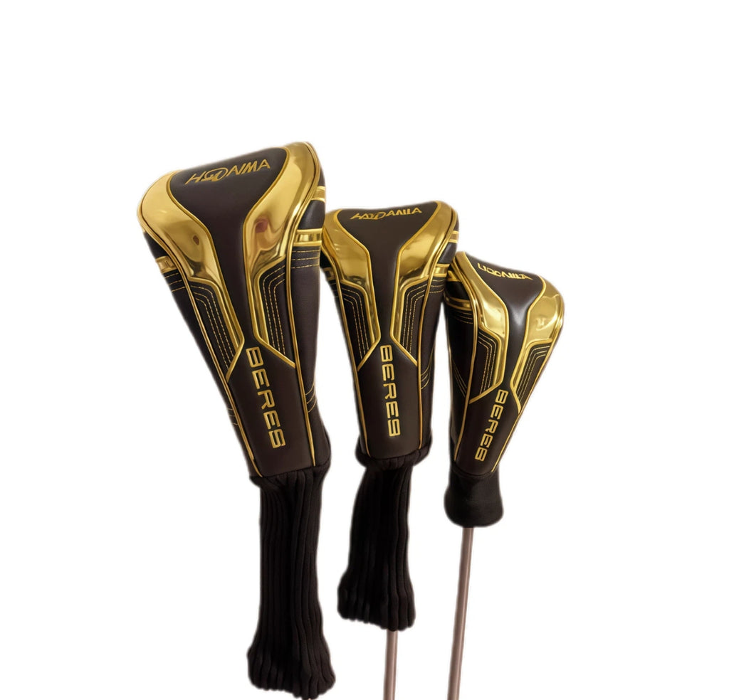 Premium TPins & Aces golf headcover set in black and gold synthetic leather with bold "BEPES" branding — includes driver, fairway wood, and hybrid covers with stretch sleeves and sleek geometric design for maximum club protection and style.