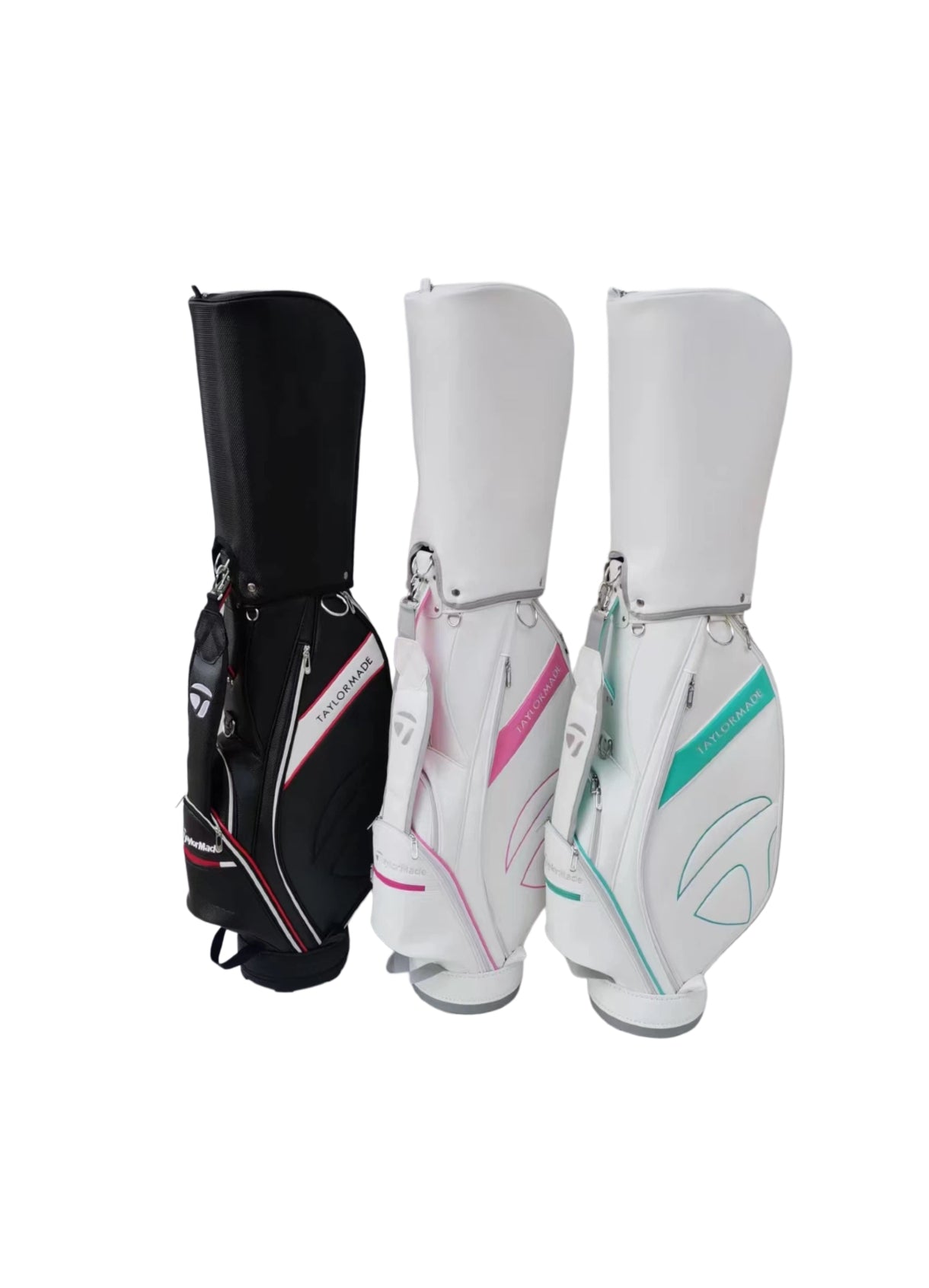 Group shot of three TaylorMade Concept One golf cart bags in black with red trim, white with pink accents, and white with teal accents. Showcases the variety of color options available, all featuring the same premium build quality, lightweight design, and brand logo for maximum visibility on the course.
