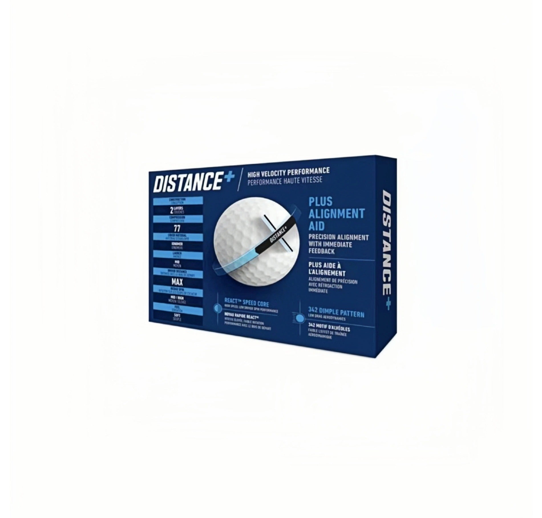 TaylorMade Distance+ golf balls packaging showcasing high velocity performance, 2-layer construction, 77 compression, React Speed Core, and 342 dimple pattern for maximum distance and alignment aid.
