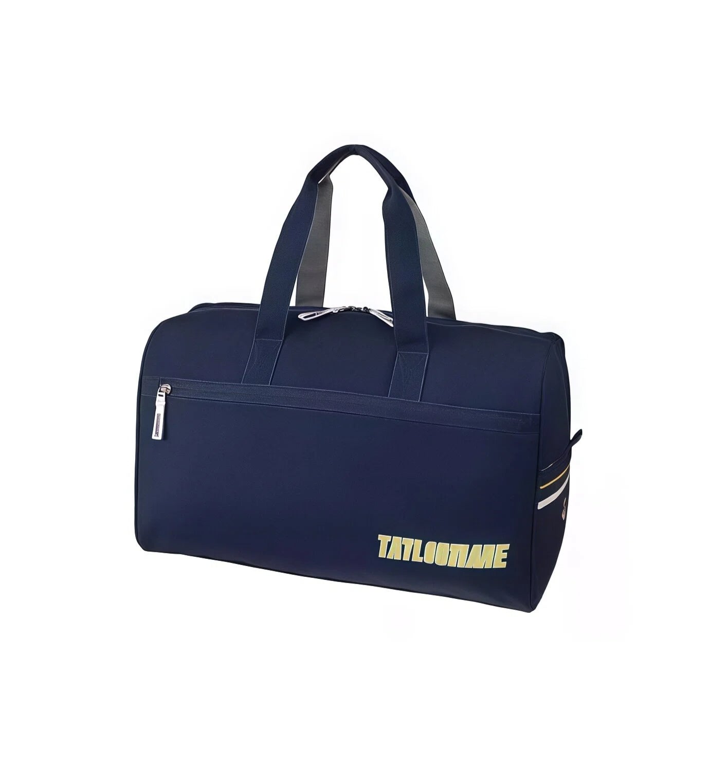 Front view of the TaylorMade golf duffel bag in navy blue featuring bold gold "TAYLOMADE" branding. Includes a front zippered pocket, dual carry handles, and side stripe detailing.