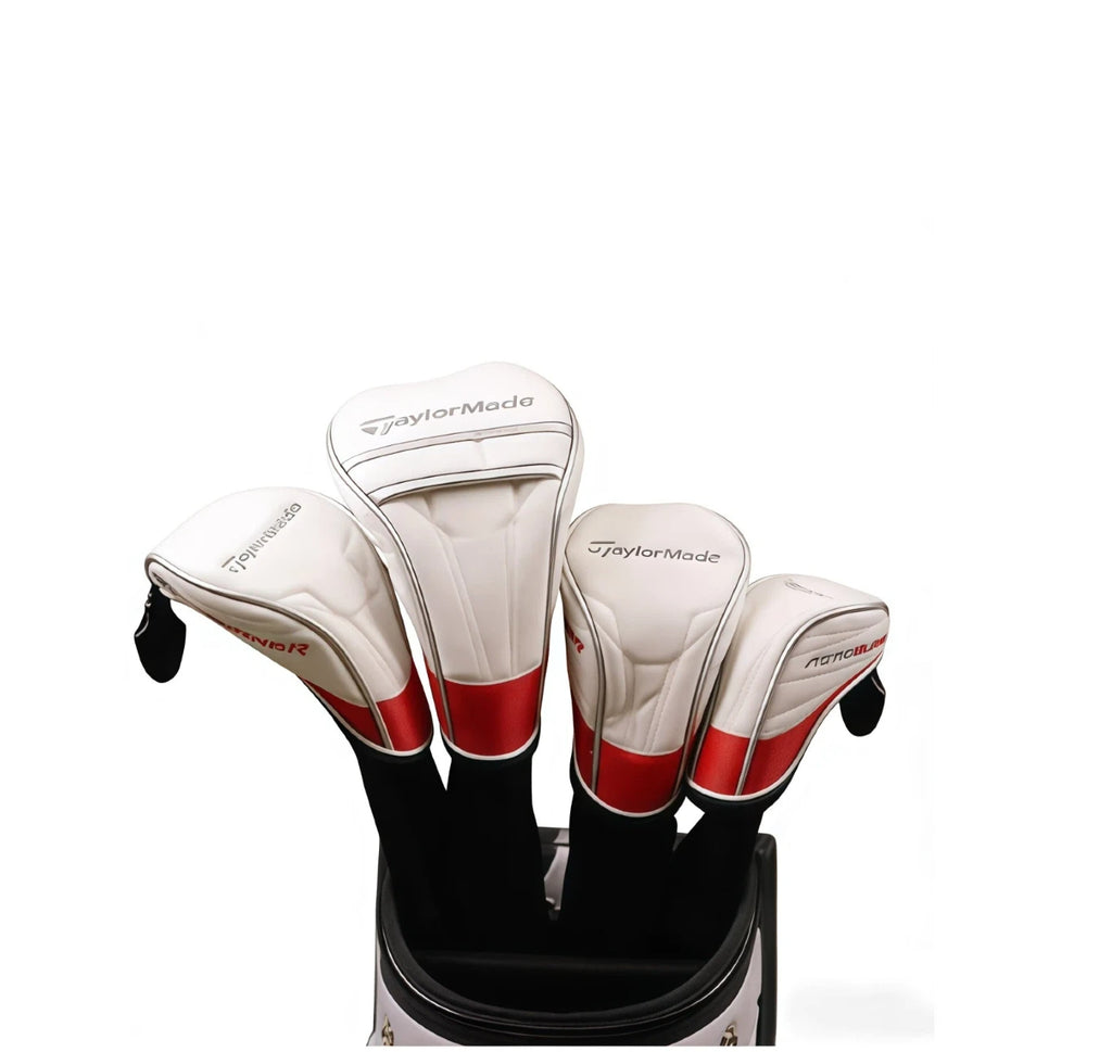 TaylorMade headcover set displayed in a golf bag with white upper body, red accent stripe, and black stretch sleeve — ideal for protecting driver, fairway, and hybrid clubs while maintaining a sleek, professional look on the course.