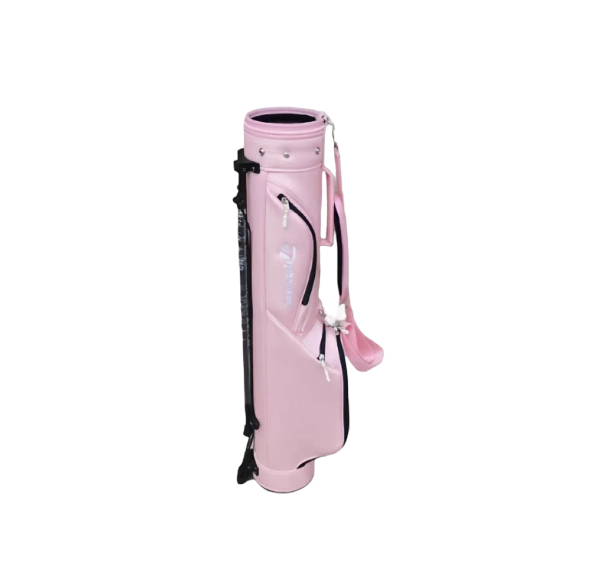Back view of the pink TaylorMade stand golf bag highlighting the white TaylorMade logo, top carry handle, and integrated stand mechanism. Ideal for carrying clubs and essentials during play.