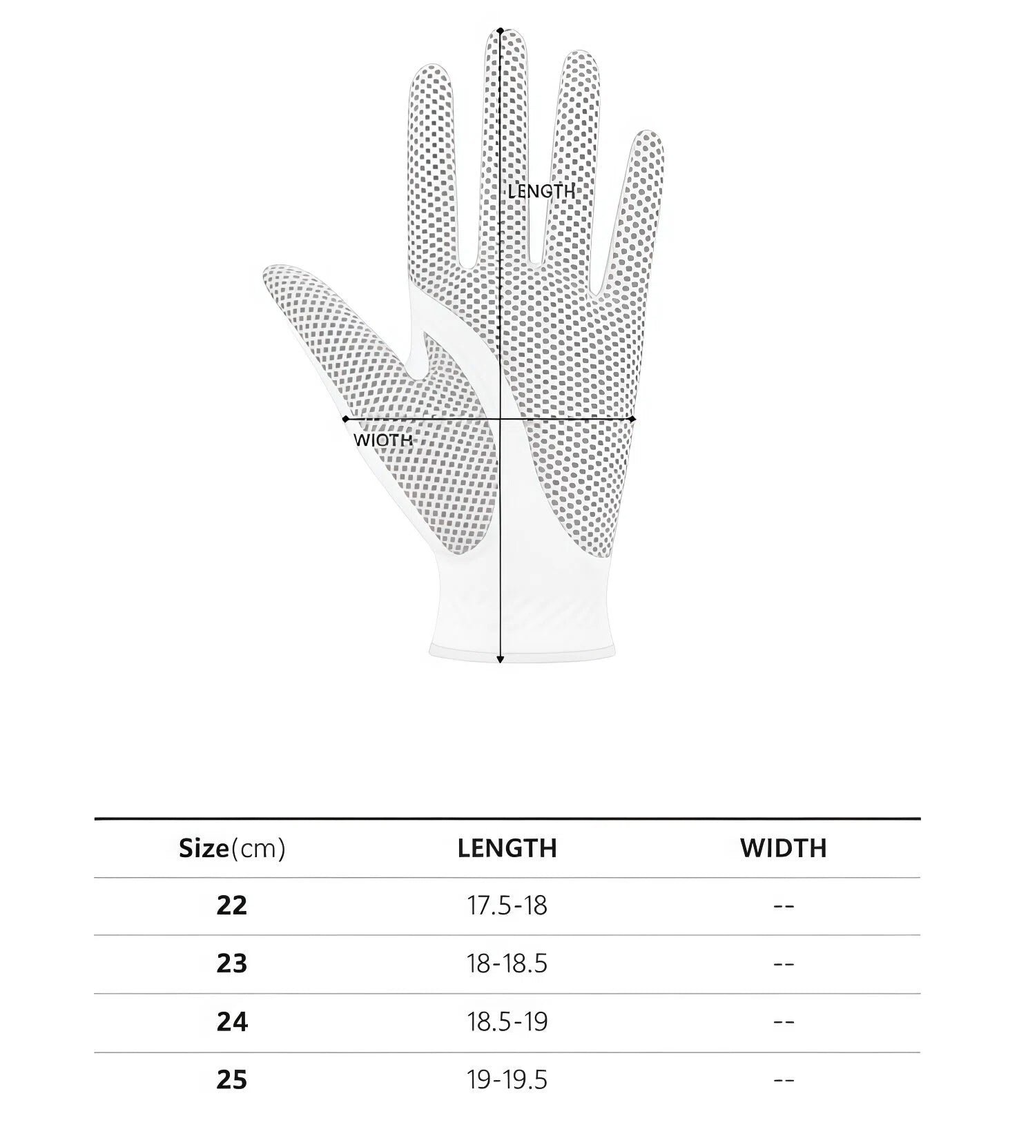 Size reference chart for TaylorMade men's golf gloves, illustrating how to measure hand length and width in centimeters to ensure the perfect fit for sizes 22 to 25.