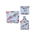 White TaylorMade MySpider X putter headcovers featuring colorful spider graphics and “MySpider X” script; includes mallet-style and blade-style covers with magnetic flap closure and official TaylorMade logo.