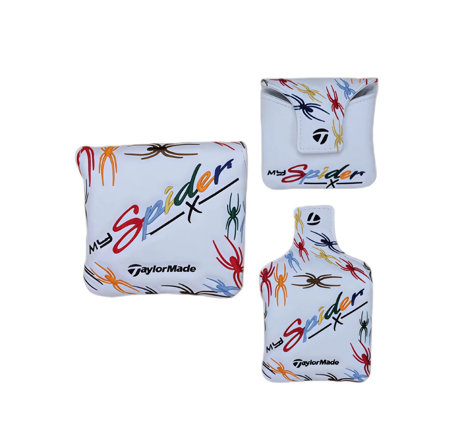 White TaylorMade MySpider X putter headcovers featuring colorful spider graphics and “MySpider X” script; includes mallet-style and blade-style covers with magnetic flap closure and official TaylorMade logo.