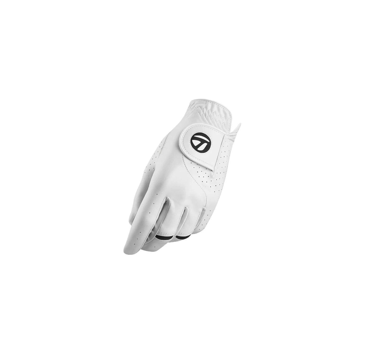 TaylorMade N65445 men's left hand golf glove in white, featuring a classic design with perforated leather for breathability and a secure wrist closure.