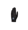  Front view of the TaylorMade Player's golf glove in black, highlighting the breathable design, textured backhand for flexibility, and the signature blue and white TaylorMade logo on the wrist.