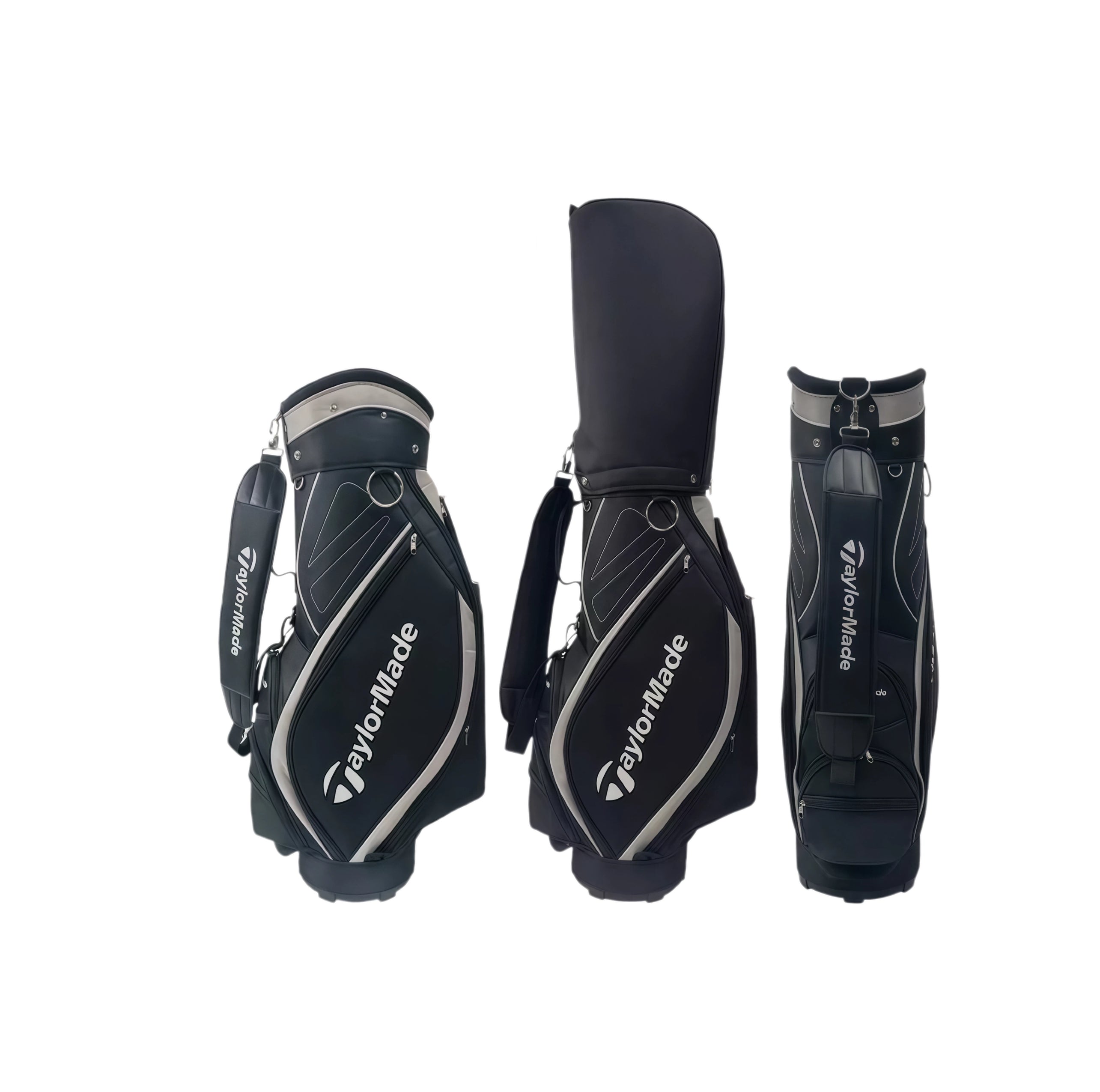 Multi-angle display of the TaylorMade Premium Cart Bag in black and grey. Highlights premium stitching, durable fabric, padded shoulder strap, and compact yet spacious layout. Built for comfort and performance.
