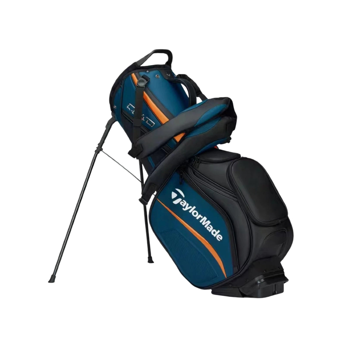 Side profile of the TaylorMade Qi4D staff bag showcasing the ergonomic dual-strap harness system, built-in stand legs, and sleek design. Features durable materials, multiple pockets, and a comfortable carry experience for long rounds.